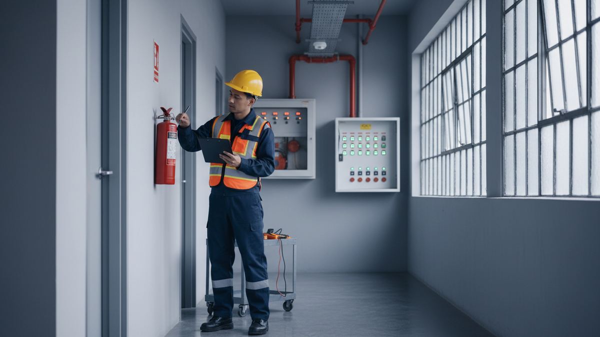 Technik kontroluje hasicí přístroj na stěně chodby